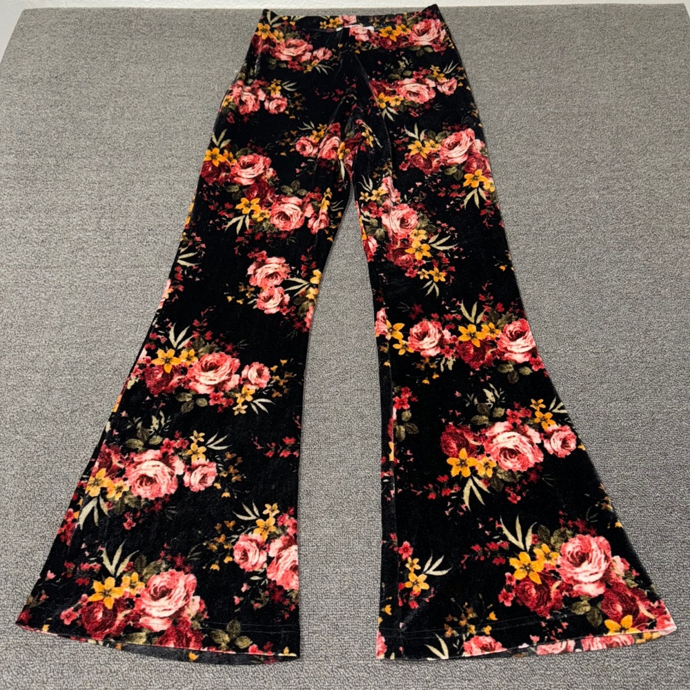 HDYWT Floral Velvet Flare Pant Black Rose Bell Bottom Boho Trousers Small Whimsy
